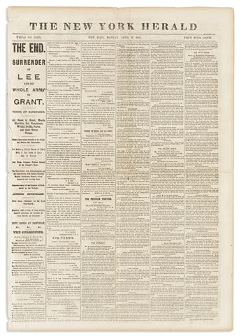 (CIVIL WAR.) Issue of the New York Herald announcing The Surrender of Lee and His Whole Army.